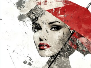woman under a red umbrella on a white background with gray and black graphical elements