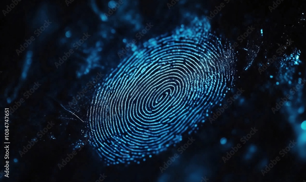 Poster fingerprint pattern illuminated in blue light, intricate lines forming unique design, dark backgroun