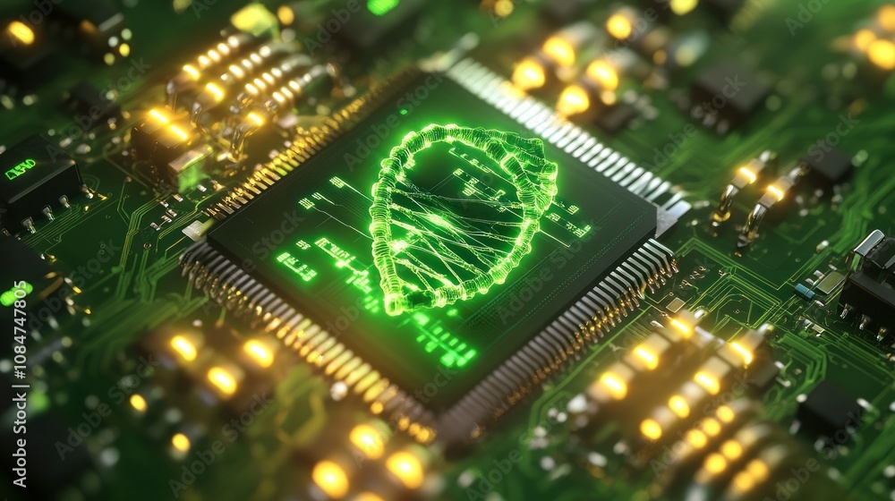Poster here's a description and keywords for your image.. green glowing bio-circuitry symbol on microchip.