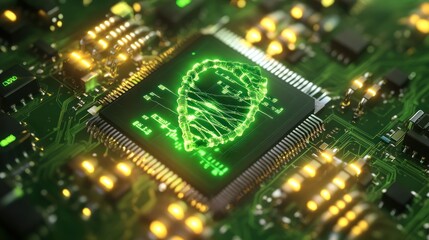 Obraz premium Here's a description and keywords for your image.. Green glowing bio-circuitry symbol on microchip.