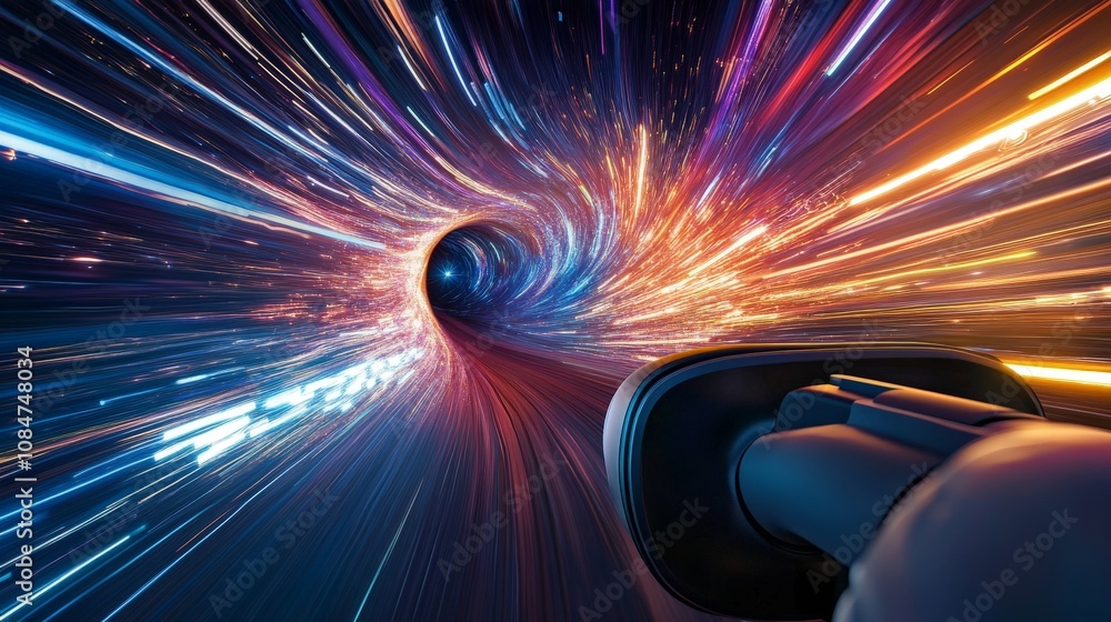 Poster a close-up of a vr experience focused on navigating a wormhole, showing the warping of space and lig