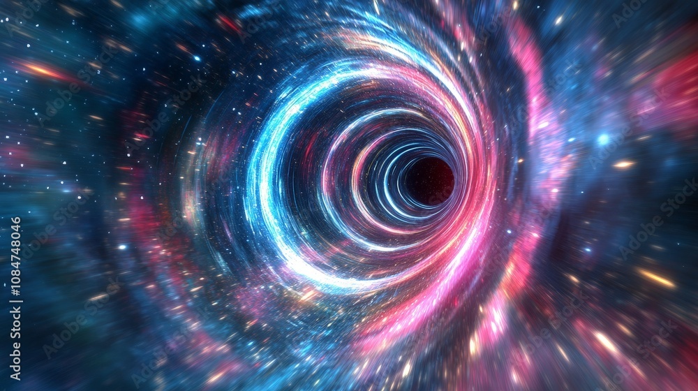 Poster a close-up of a vr experience focused on navigating a wormhole, showing the warping of space and lig
