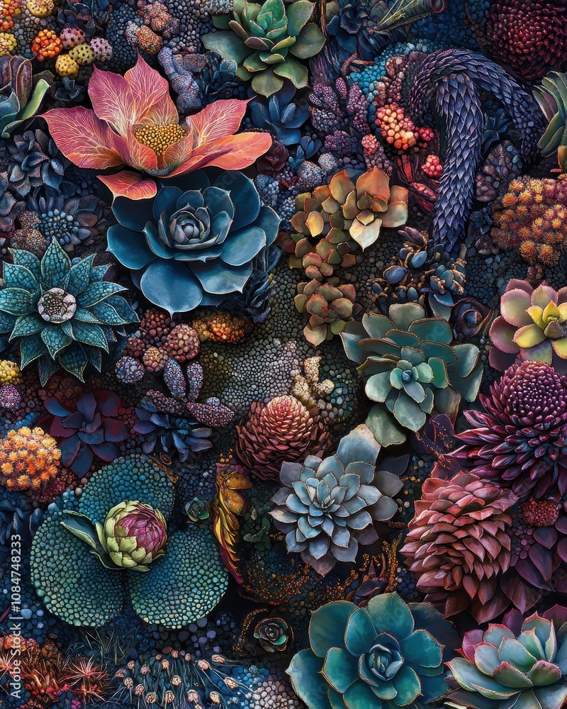 Poster an intimate view of succulent plants reveals a stunning array of intricate patterns and vibrant hues