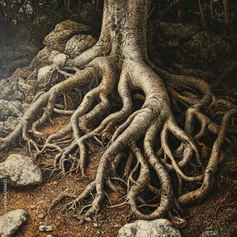 Poster a close-up of intricate tree roots wrapping around rocks and soil, showing the tree strong foundatio