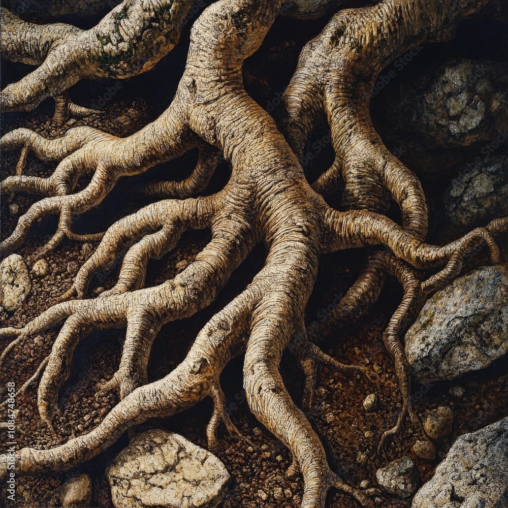 Poster a close-up of intricate tree roots wrapping around rocks and soil, showing the tree strong foundatio