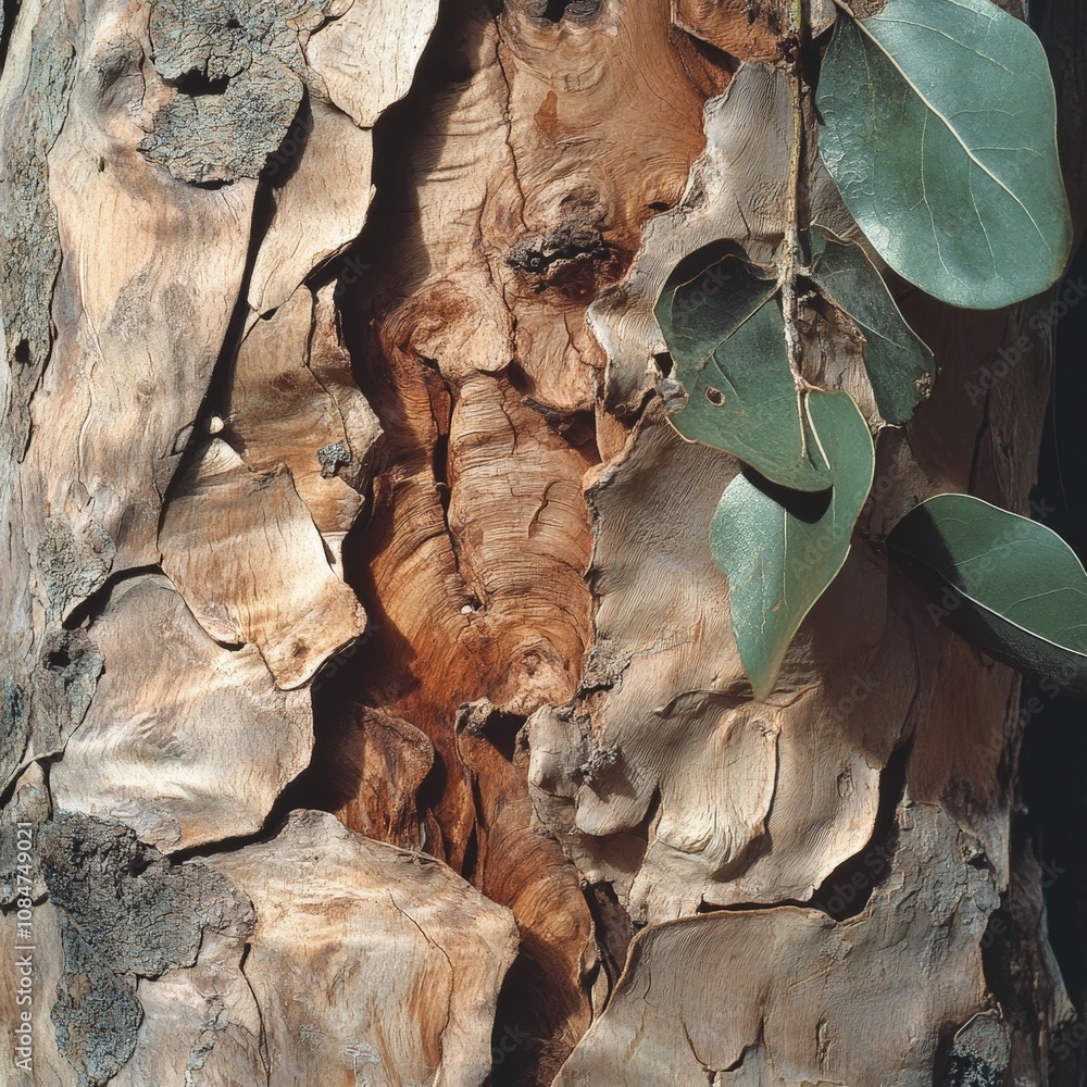 Poster a close-up of the bark and leaves of an endangered tree, showing its unique and fragile characterist