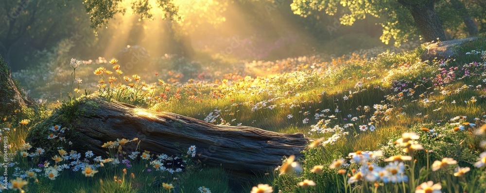 Poster field of flowers with a log in the middle. hyperrealistic video