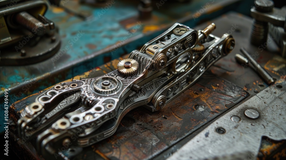 Poster close-up of a complex metallic mechanism with intricate gears and levers, resting on a worn metal su