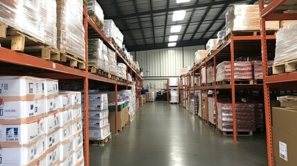 Fototapeta premium Spacious warehouse interior showing organized shelves with neatly stacked boxes, pallets, and bright lighting, illustrating logistics and inventory management in industrial settings