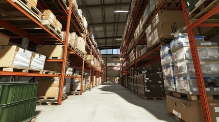 Spacious View of Organized Warehouse Aisle Filled with Stacked Pallets of Boxes and Goods in a Well-Lit Industrial Environment