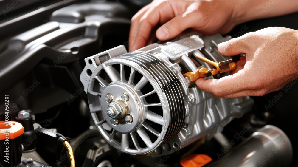 Poster close-up of hands installing an alternator in an engine bay, showcasing the intricacies and details 
