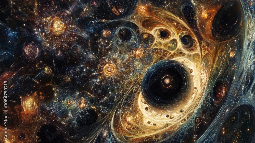 Poster a conceptual artwork exploring the idea of black holes as nodes in a multiverse network, with intric
