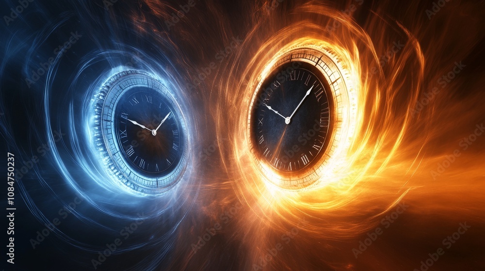 Poster a conceptual image depicting two synchronized clocks diverging in time as one approaches a black hol