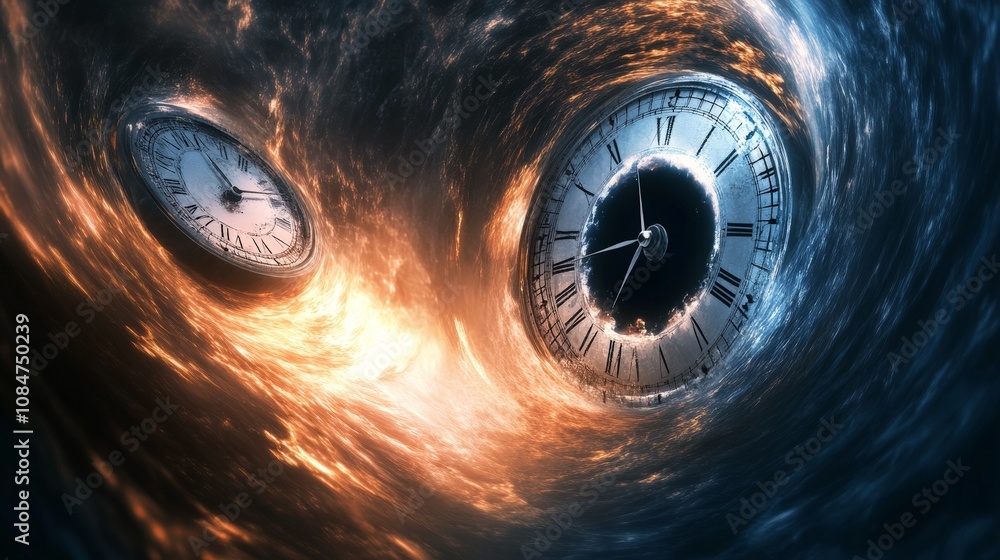 Poster a conceptual image depicting two synchronized clocks diverging in time as one approaches a black hol