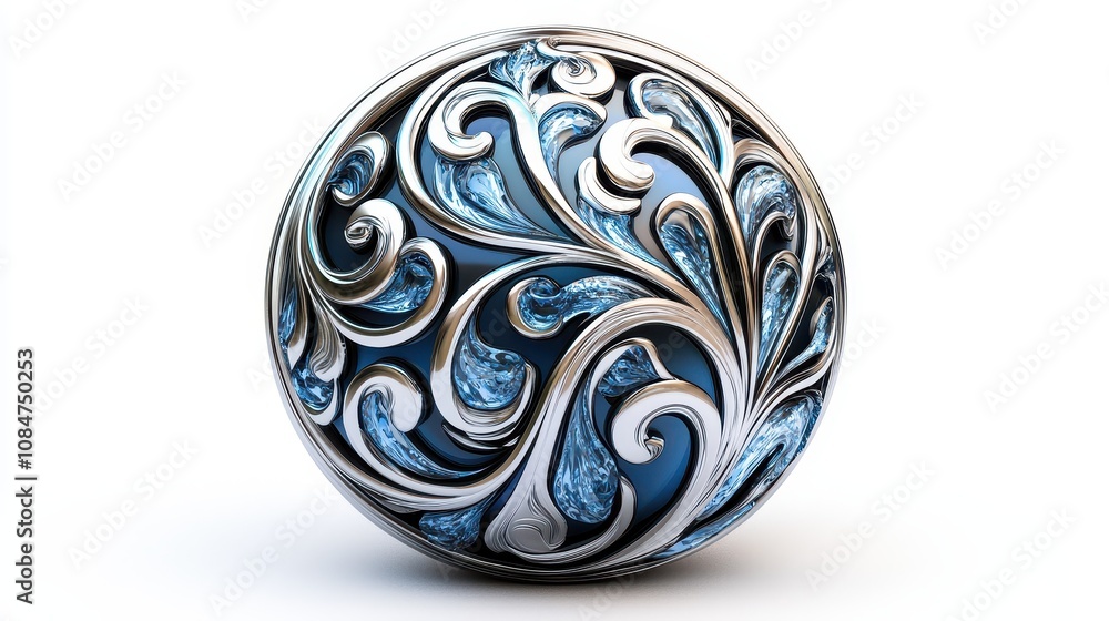 Aufkleber front view of a glossy reflective button featuring intricate design elements, isolated on a white ba
