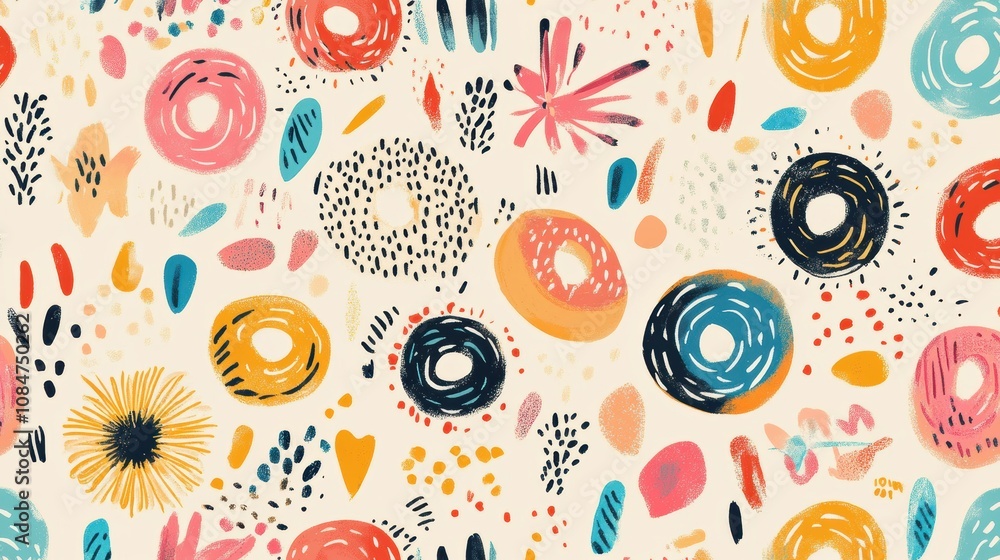 Poster colorful donut pattern on a light background showcasing various designs and shapes with playful, whi