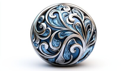 Front view of a glossy reflective button featuring intricate design elements, isolated on a white background.