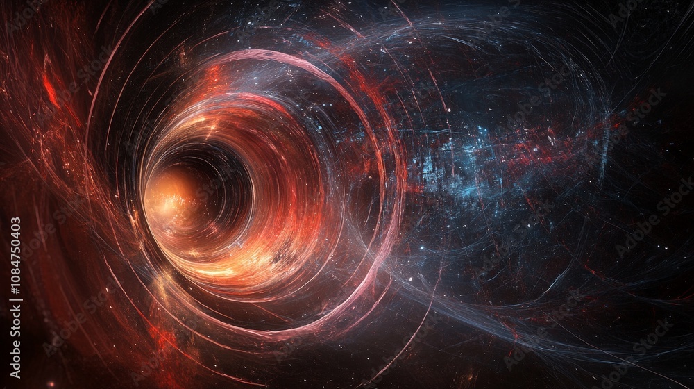 Poster a conceptual image representing the intersection of black hole physics and quantum field theory, ble