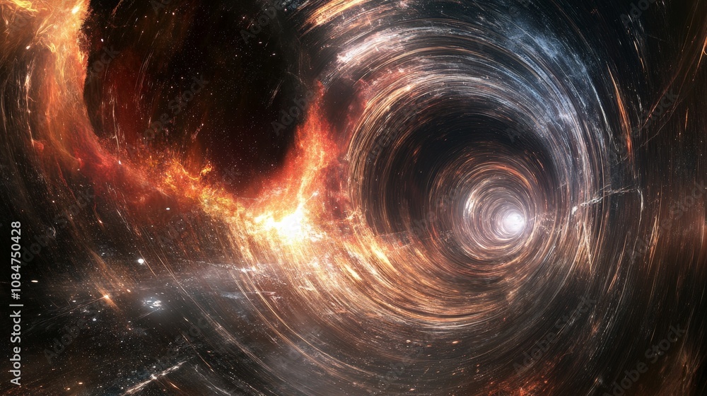 Poster a conceptual image representing the intersection of black hole physics and quantum field theory, ble