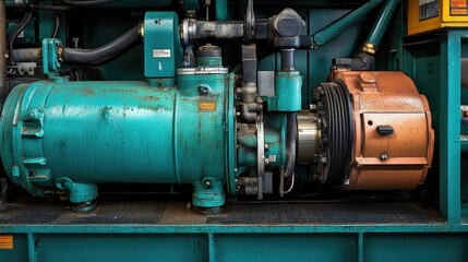 Close-up View of Industrial Pump and Engine Components in a Machinery System, Highlighting Mechanical Details and Textures on a Maintenance Equipment Background
