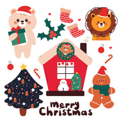 hand drawing cartoon christmas sticker set. cute christmas vibes sticker, doodle set