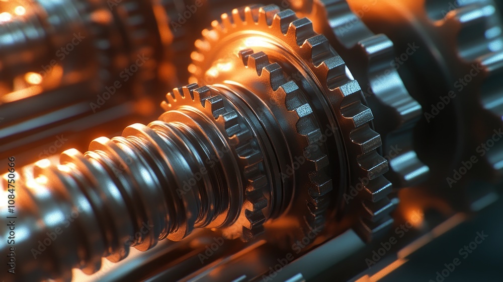 Poster close-up view of interlocking metal gears in motion with a warm glow, highlighting precision enginee