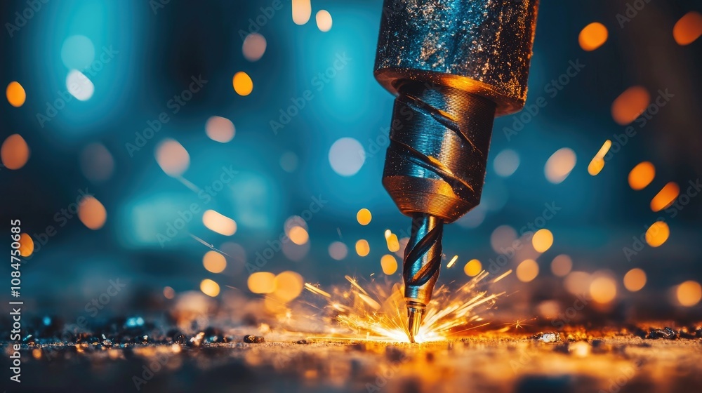 Poster close-up of a drill bit creating sparks during metalworking process in a workshop environment with s