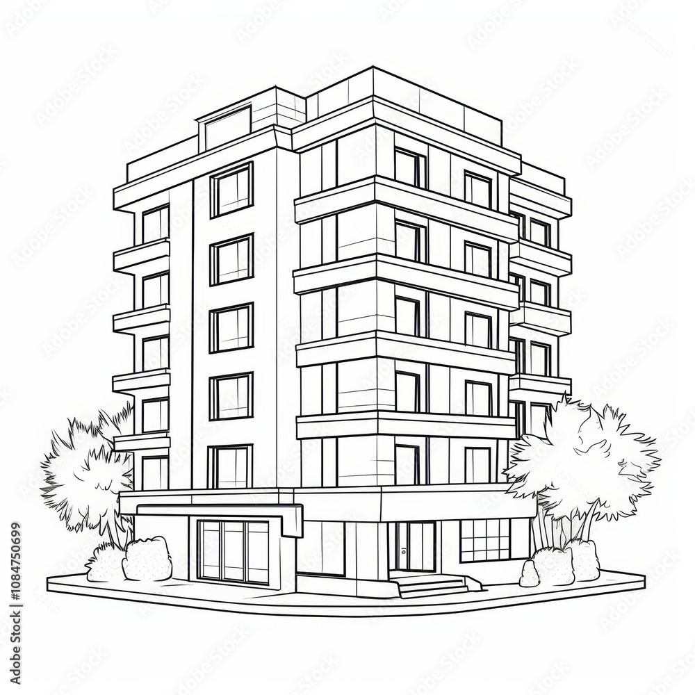 Poster line drawing of a modern apartment building with two trees in front.