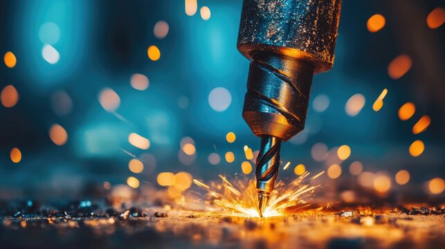 Close-Up of a Drill Bit Creating Sparks During Metalworking Process in a Workshop Environment with Soft Focus Background