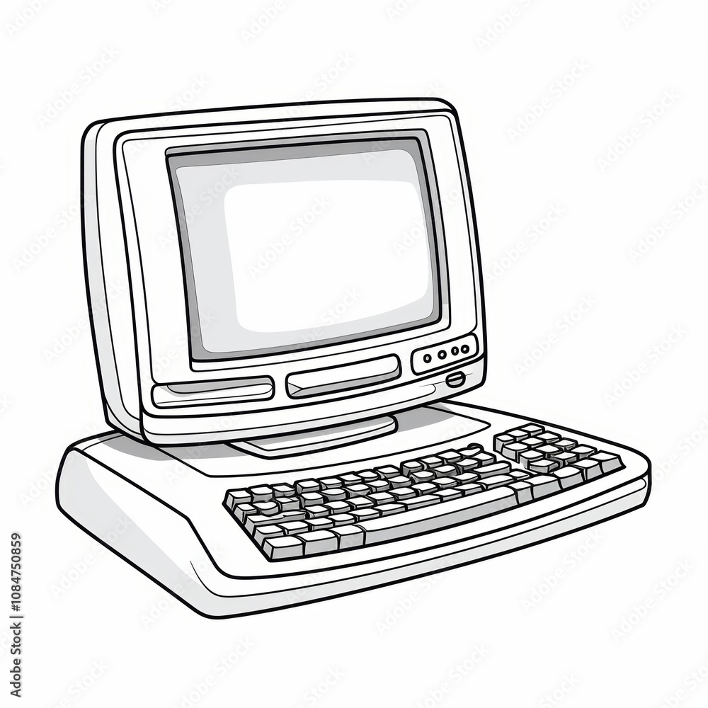 Poster black and white line drawing of a vintage desktop computer with a monitor and keyboard.