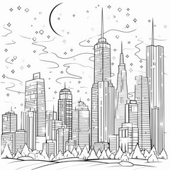 Black and white line art illustration of a cityscape with tall buildings, a crescent moon, and stars in the sky.