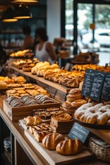 Fototapeta premium A modern bakery interior featuring fresh breads and pastries with a natural light ambiance in the heart of a city