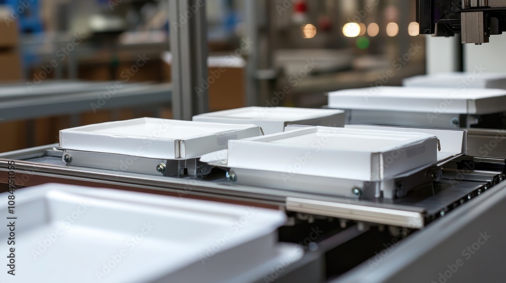 Poster assembly line with white packaging trays moving on conveyor belt in modern factory setting for food 
