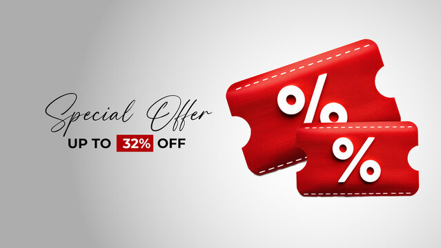 fundo branco com cupons vermelhos de desconto "up to 32% off"