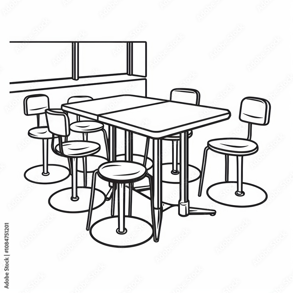 Aufkleber a simple line drawing of a rectangular table with six chairs, a bookshelf, and an open space, perfec