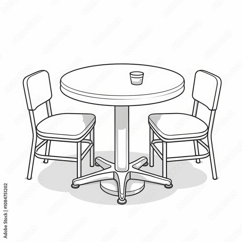 Poster a simple line drawing of a round table with two chairs.