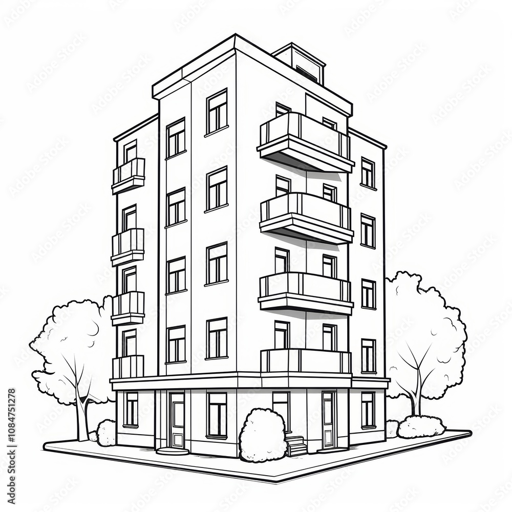 Poster a simple line drawing of a multi-story apartment building with balconies and trees in front.
