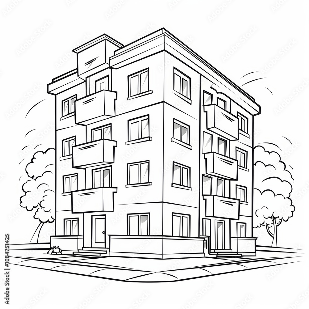 Poster a simple line drawing illustration of an apartment building with trees in the background.