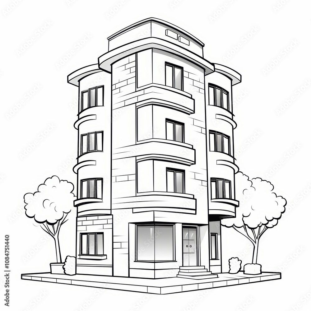 Poster a simple line drawing illustration of a multi-story building with three floors and a storefront on t
