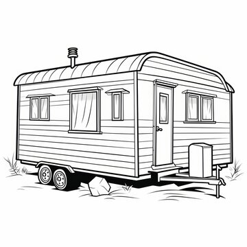 recommend clip art: A simple line drawing illustration of a small camper trailer, set against a white background.