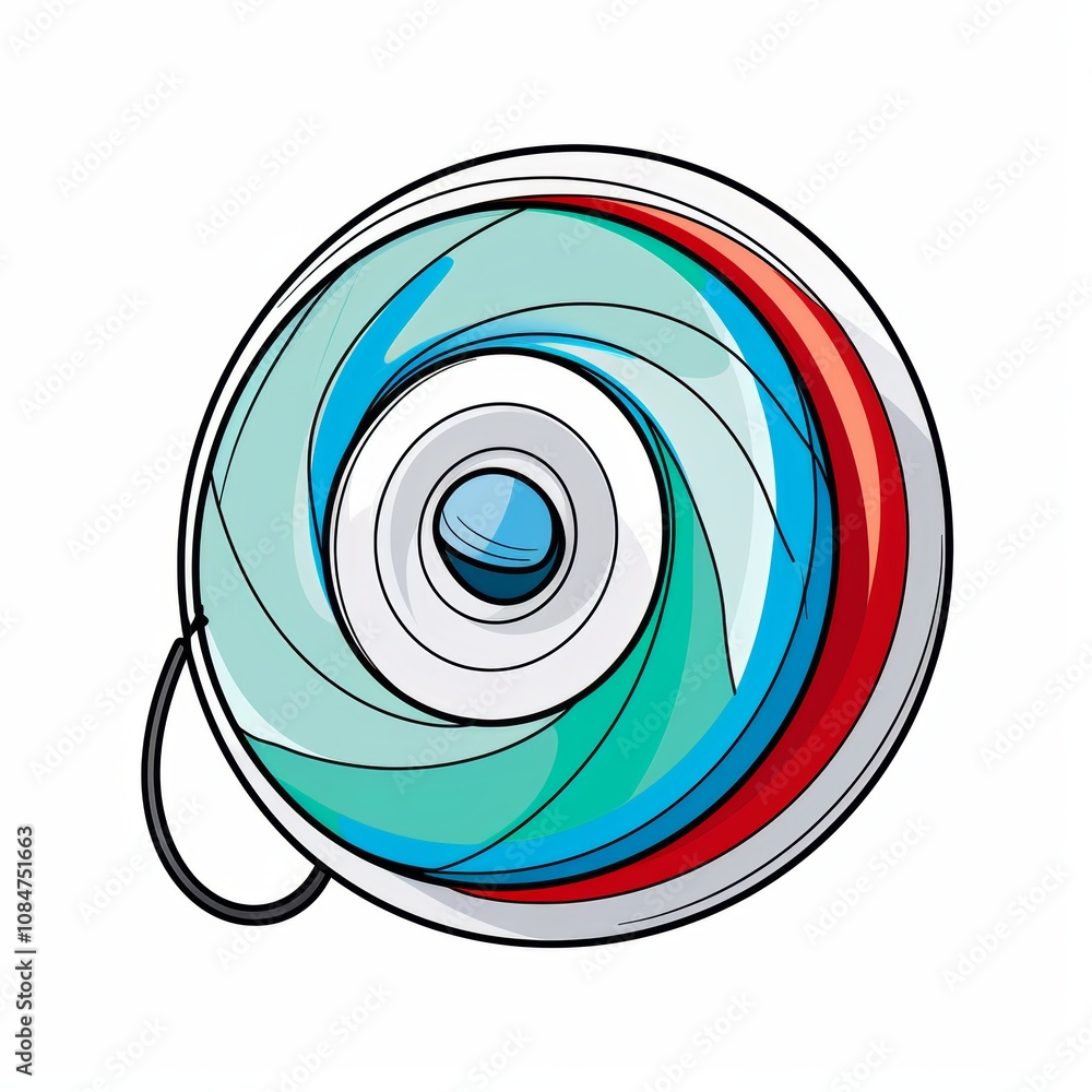 Poster a round, futuristic, blue, green and red gadget with a loop on the side.