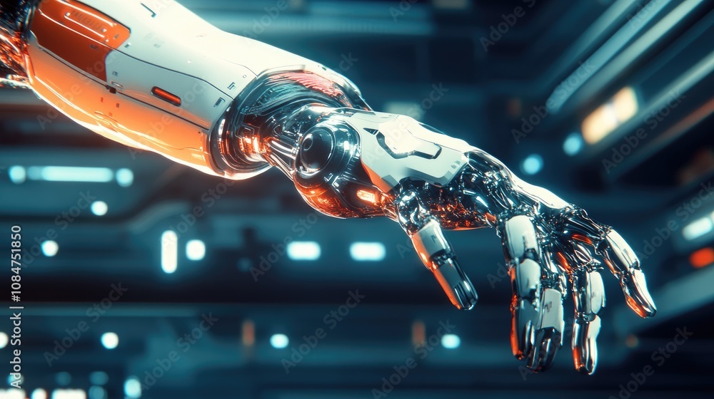 Poster futuristic robotic arm design with silver and orange elements set against a high-tech background of 