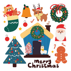 hand drawing cartoon christmas sticker set. cute christmas vibes sticker, doodle set