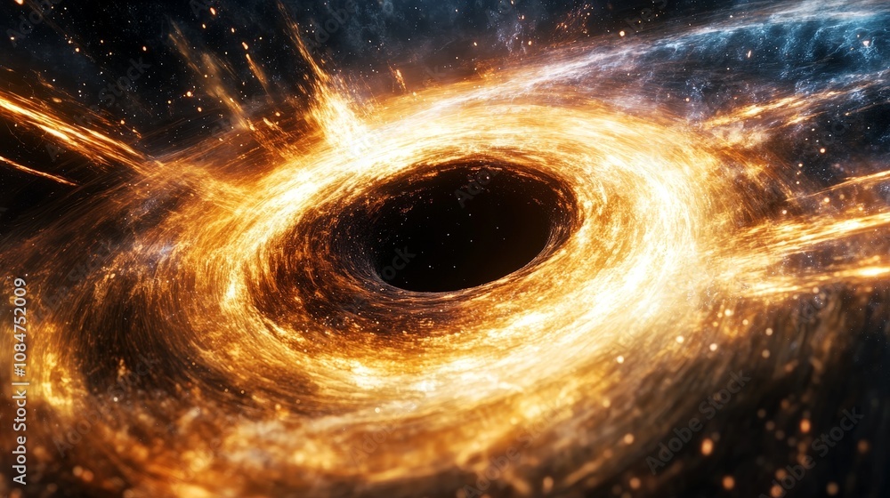 Poster a digital rendering of an evaporating black hole surrounded by a sparse field of matter and energy, 