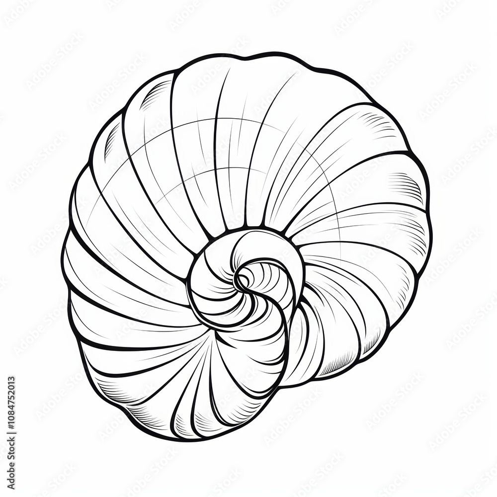 Poster a detailed line drawing of a seashell with a spiral shape.