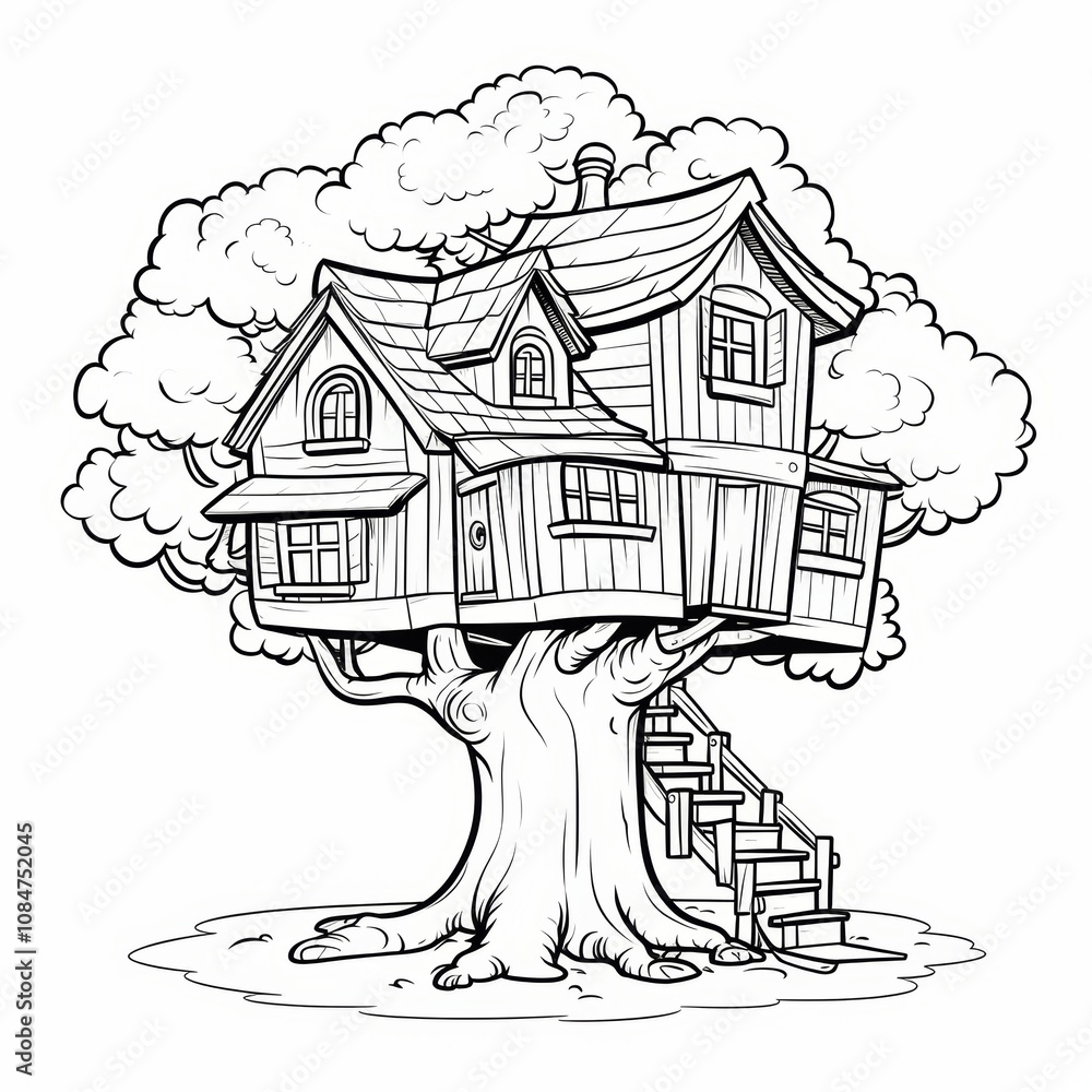 Poster a detailed line drawing illustration of a treehouse with a staircase and large tree canopy.