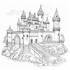 Fototapeta premium A detailed line drawing illustration of a majestic fairytale castle with tall towers, a drawbridge, and a moat.