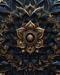 On a dark background, a volumetric mandala with golden elements is displayed.