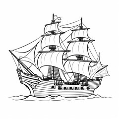 A detailed black and white line drawing of a sailing ship with three masts and full sails.