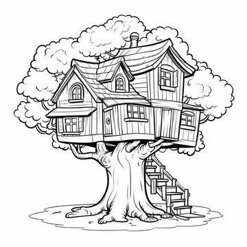 recommend clip art: A detailed line drawing illustration of a treehouse with a staircase and large tree canopy.